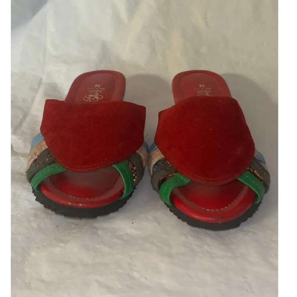 Pansy Red Suede Slides Sandals - Made in Japan - Size: M